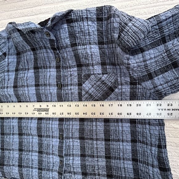 Habitat Womens Blue & Black Plaid Button-Up Crinkle Shirt Blouse XL Lightweight - Picture 7 of 8